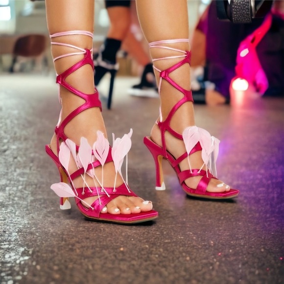 Hot pink calf high strappy lace up feather square toe satin heel sandals - Picture 1 of 5